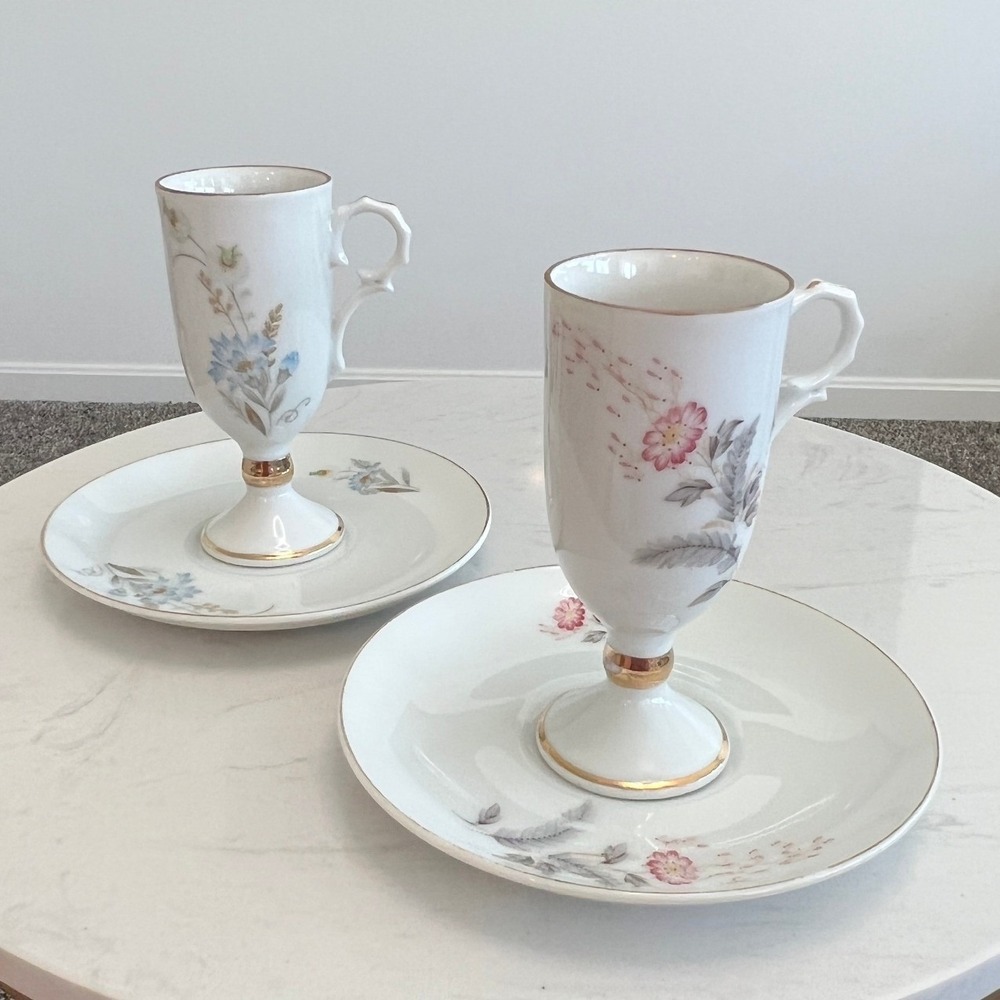 Vtg Napco Hand‎ Painted Floral Pedestal Footed Demitasse Cup Saucer Set of 2